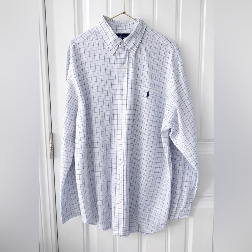 Polo Ralph Lauren Yarmouth Button Down Shirt XL White Blue Windowpane Cotton